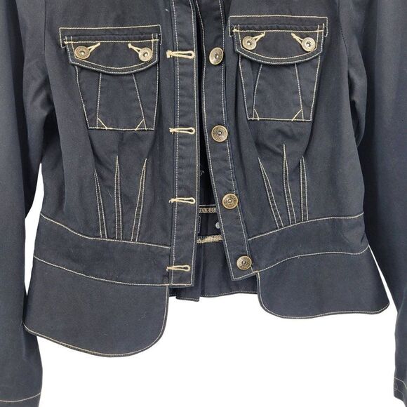 Vintage 80s Faded Glory Black Denim Band Jacket M Contrast Stitching Steampunk - Picture 6 of 12